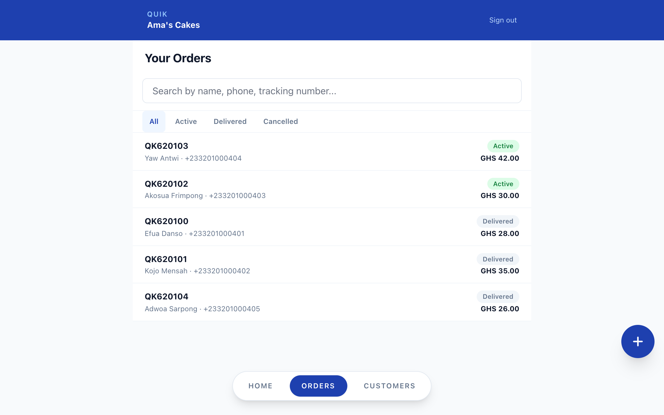 The Quik business portal showing a list of orders and their delivery status