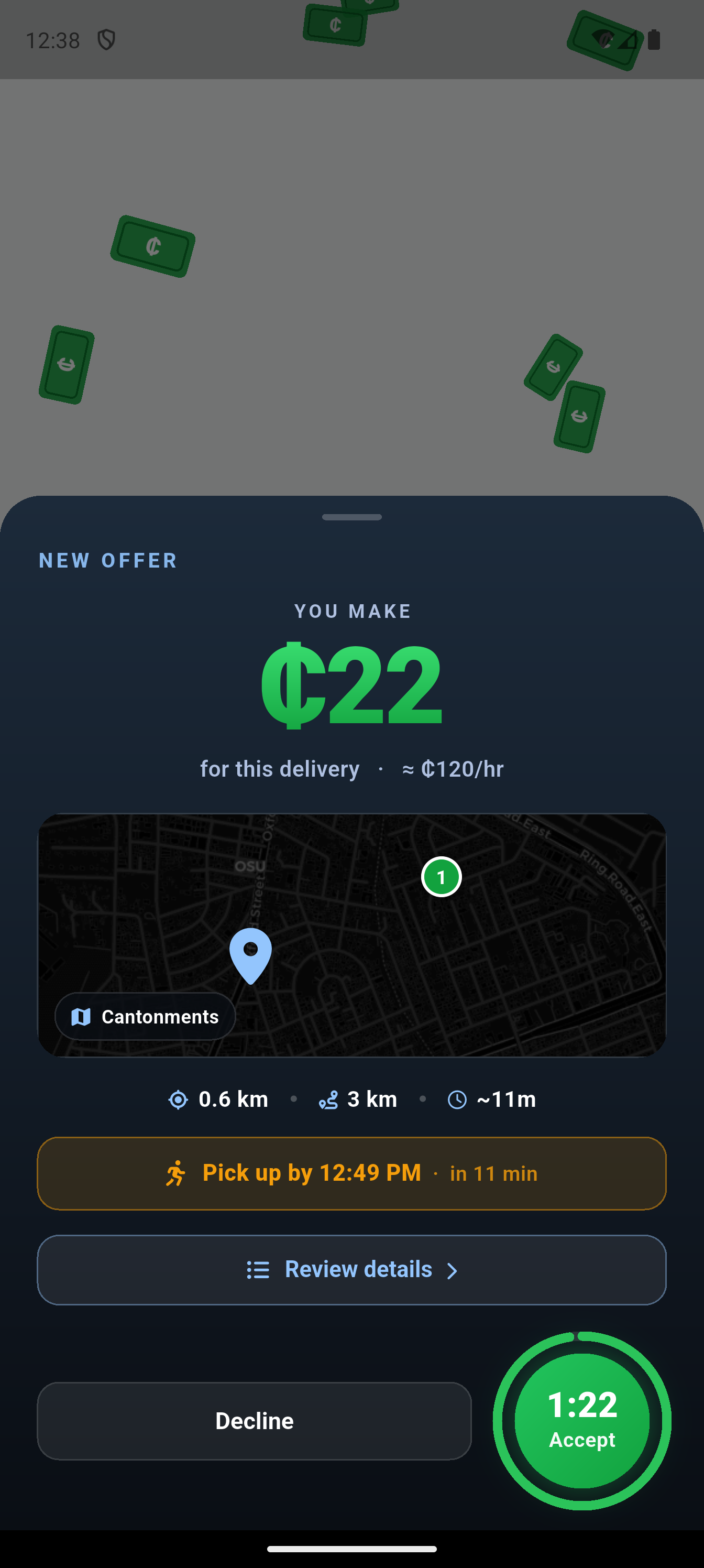 The Quik rider app showing a new delivery offer with the rider's pay, distance and pickup time